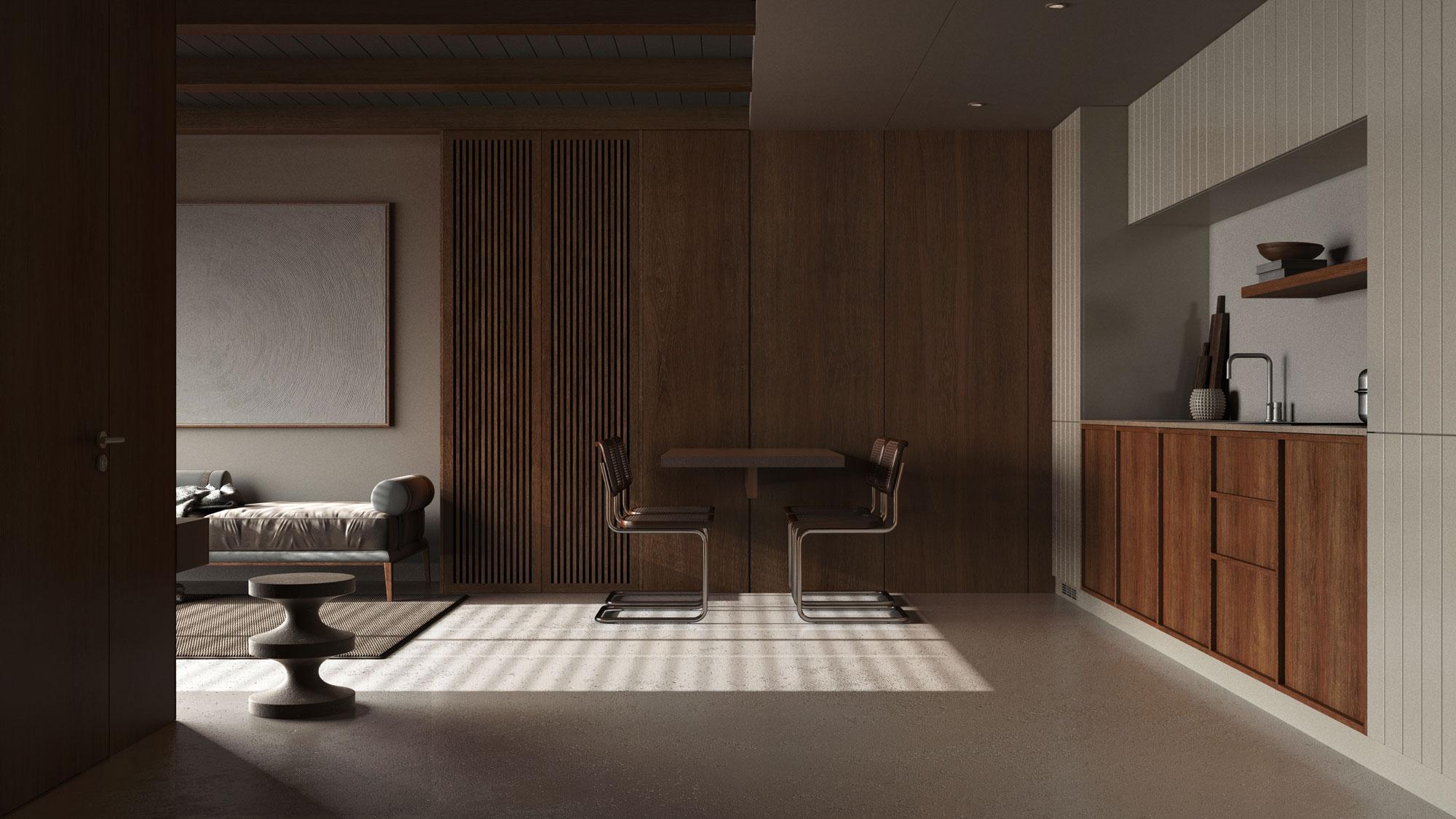 Interior moderno con cocina integrada, muebles de madera, panel de listones verticales y mobiliario contemporáneo