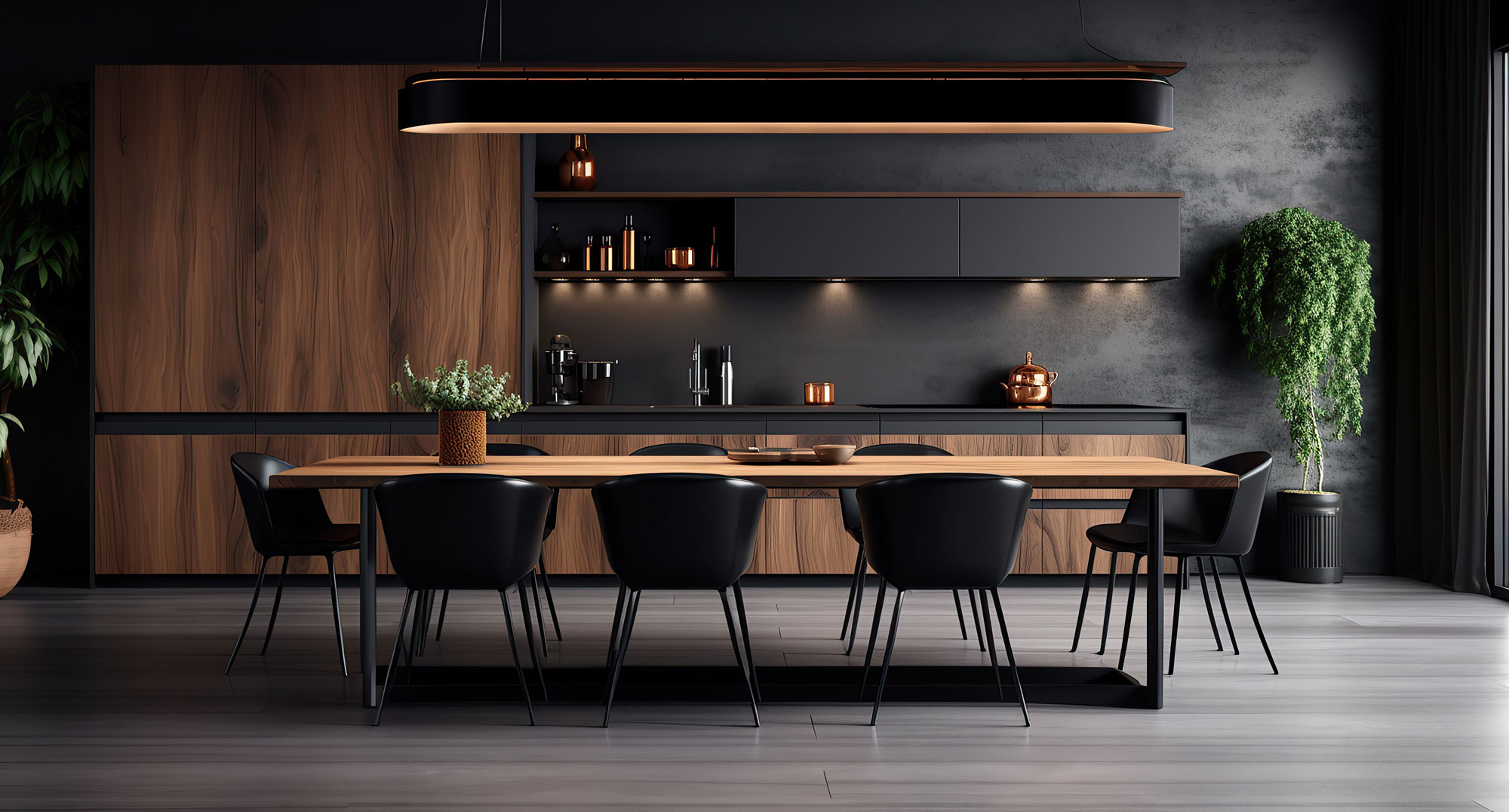 Cocina contemporánea con mobiliario de madera y detalles en negro mate, iluminada con luz cálida