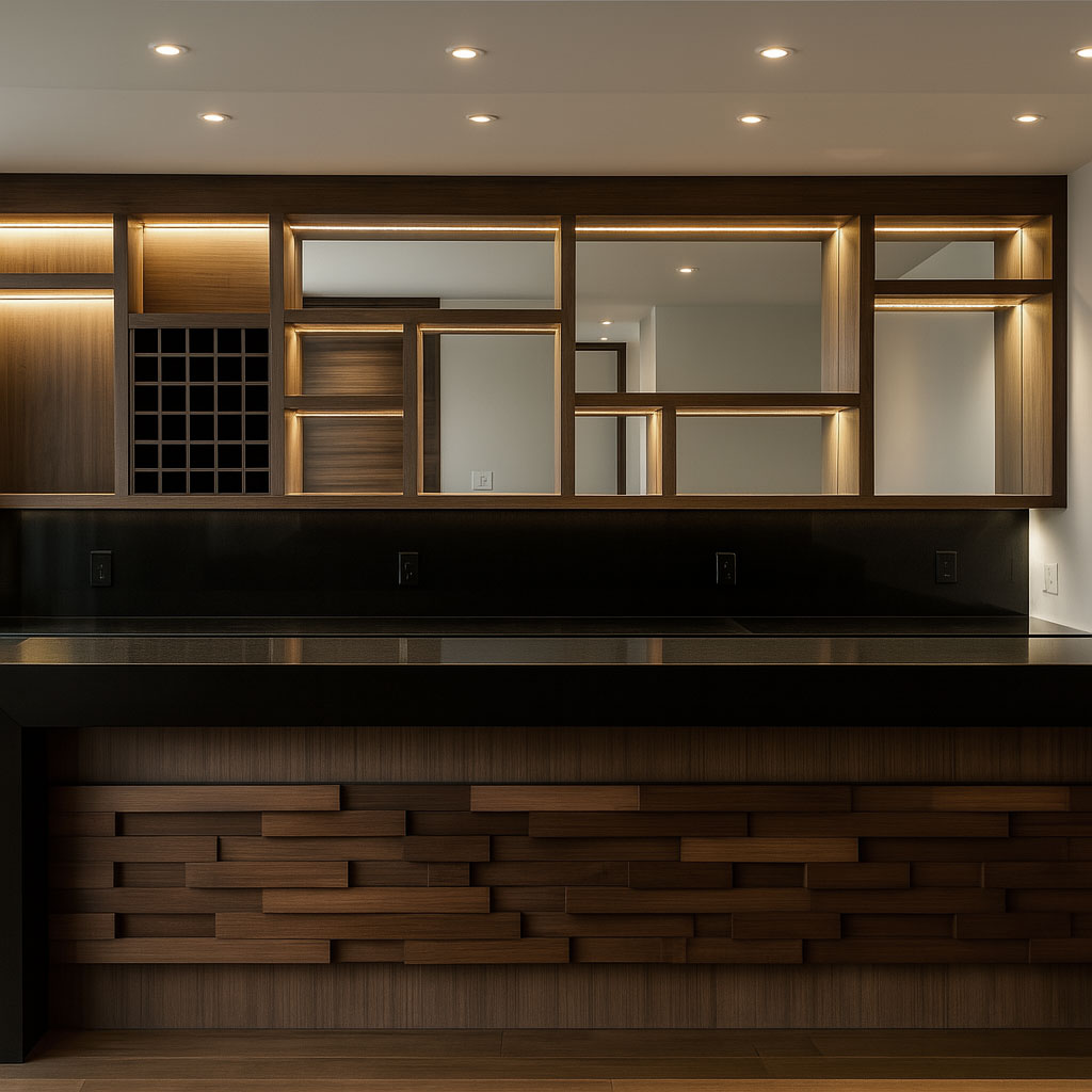 Mueble de baño principal en madera con doble lavabo, espejos enmarcados, iluminación LED y acabado de tablillas tridimensionales