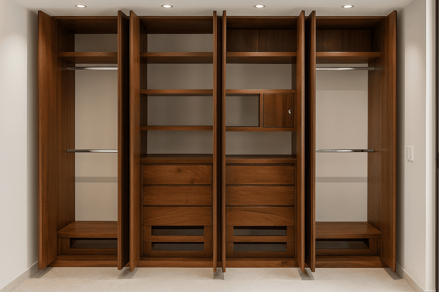 Vestidor empotrado en madera de nogal con organización completa: barras para colgar, repisas, cajones y módulos especializados con iluminación LED integrada