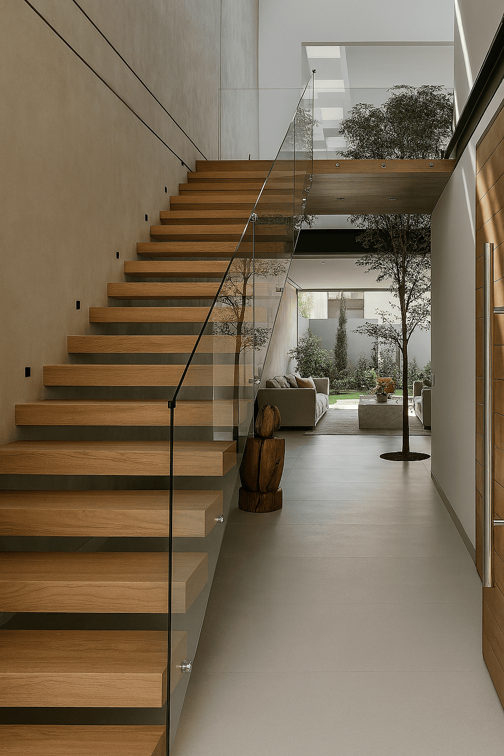 Escalera contemporánea con peldaños de madera flotantes, barandal de cristal templado y estructura minimalista